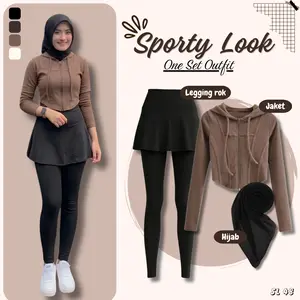 One Set Olahraga 3in1 Kekinian (Legging Rok + Jacket Sport + Hijab) Outfit Jogging SL48